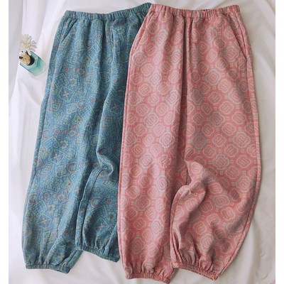 儿童睡裤纯棉双层提花纱布夏季薄款防蚊裤女童春秋束脚家居裤亲子