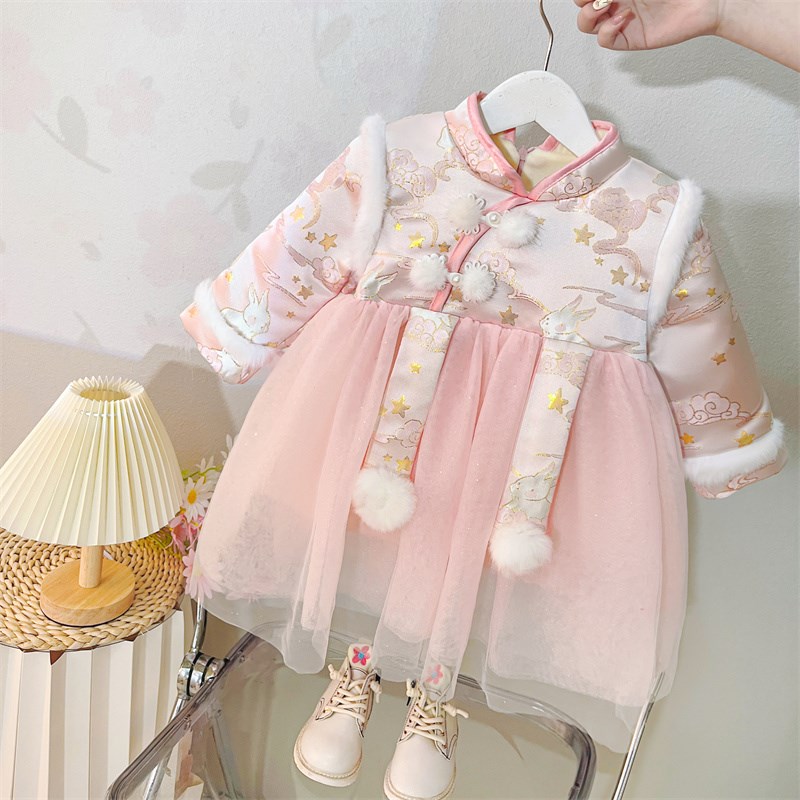 汉服女童连衣裙秋冬加绒儿童唐装周岁宝宝礼服冬季喜庆抓周宴衣服