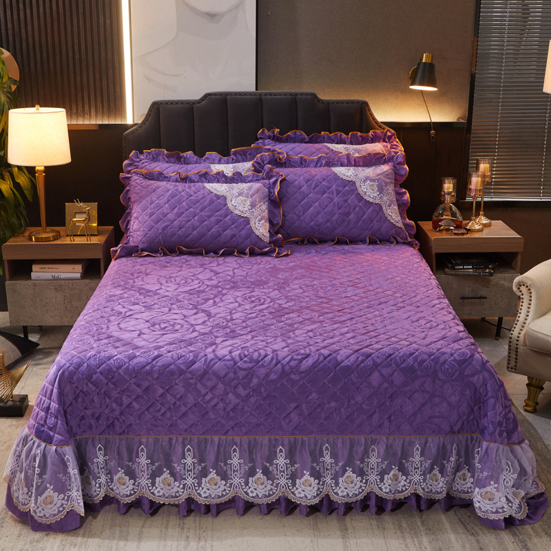 加厚天鹅绒床盖三件套珊瑚绒夹棉床单绗缝双人欧式水晶绒冬季床品