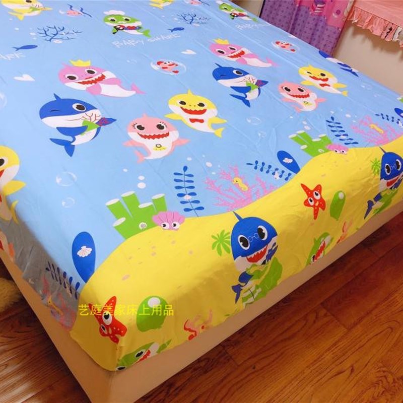 全棉卡通床笠床罩k 彩色小鱼儿海底世界鲨鱼海豚蓝色黄色 可订做