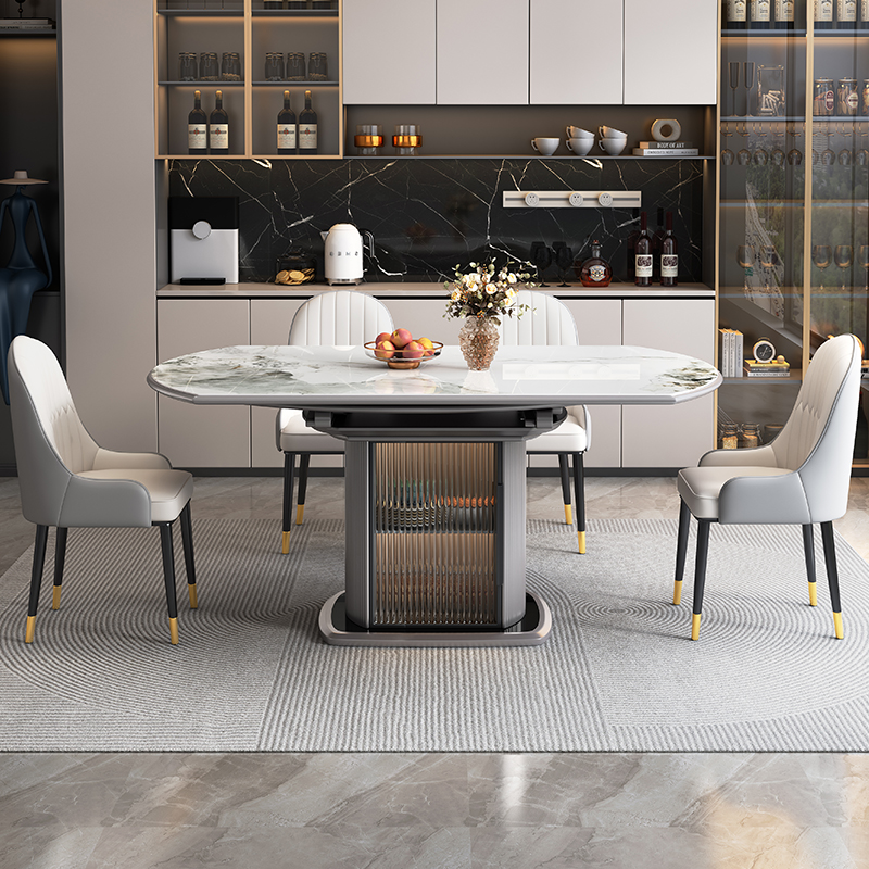 轻奢岩板餐桌椅组合家用小户x型现代简约伸缩折叠可变圆桌带电磁