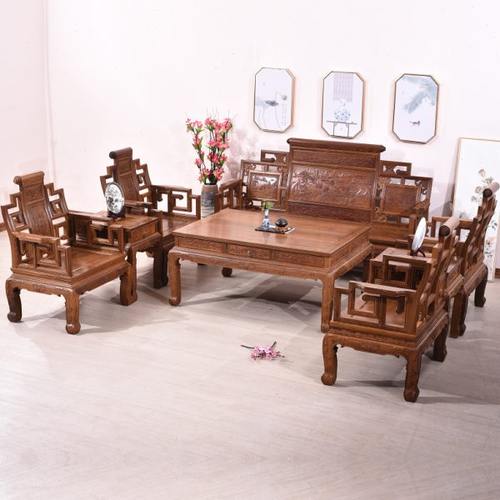 红木家具鸡翅木卷书沙发酒店客厅仿古中式实木沙发组合全实木复古