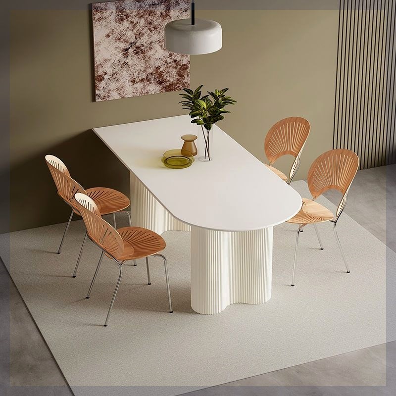 法式奶油风岩板餐桌家用轻奢现代简约H小户型餐桌椅组合靠墙饭桌