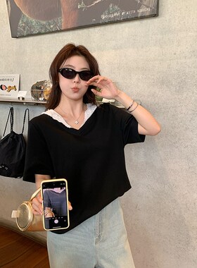 NAZ那子大码夏季新款爽滑棉蕾丝连帽拼接T恤胖mm设计感短袖上衣女