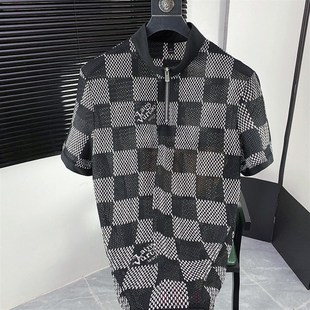 舒适半袖 品质大叔 大码 T恤衫 潮男X13 黑白棋盘格透气立领拉链短袖