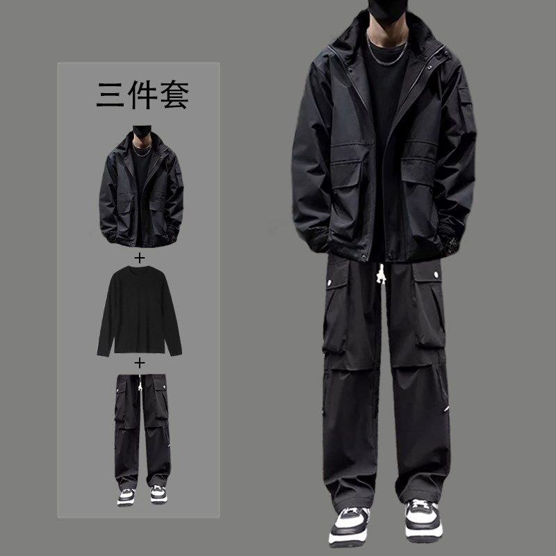 黑色冲锋衣冲锋裤套装男士连帽夹克2024春秋季休闲运动户外三件套,男装,休闲运动套装,淘宝优惠券,粉丝福利购,淘宝优惠卷