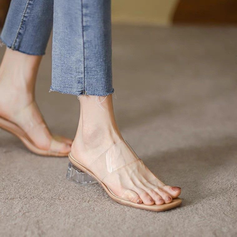 大码女鞋41一43脚宽脚胖妹妹2021新款夏透明水晶凉拖粗跟一字拖42,女鞋,一字拖,淘宝优惠券,粉丝福利购,淘宝优惠卷