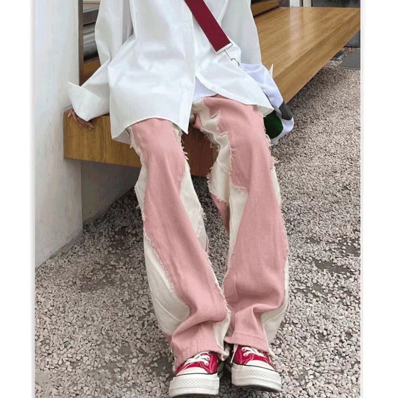 美式街头牛仔裤女潮牌设计感拼色宽松显瘦阔腿裤高腰直筒拖地裤子,女装/女士精品,牛仔裤,淘宝优惠券,粉丝福利购,淘宝优惠卷