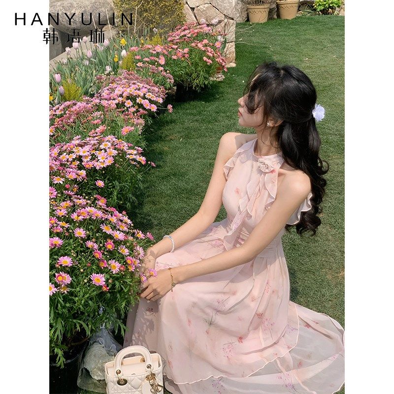韩语琳 法式浪漫仙气晕染挂脖连衣裙女不规则粉色碎花长裙夏2025,女装/女士精品,连衣裙,淘宝优惠券,粉丝福利购,淘宝优惠卷