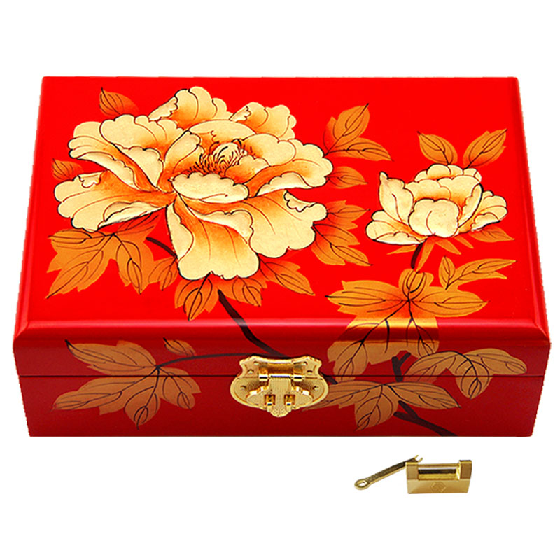 红匣子陪嫁盒金牡丹木质结w婚嫁妆平遥漆器三金首饰盒礼品盒带锁