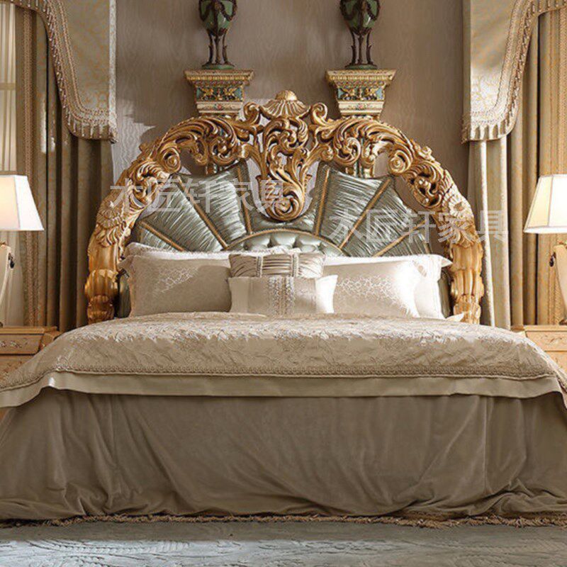 法式宫廷双人床欧式实木真皮别墅雕花主卧大床布艺床金箔复古做旧