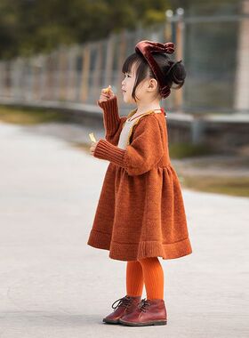 小蜜糖童装女童洋装春秋长版加厚裙子洋派儿童宝宝羊毛针织长裙