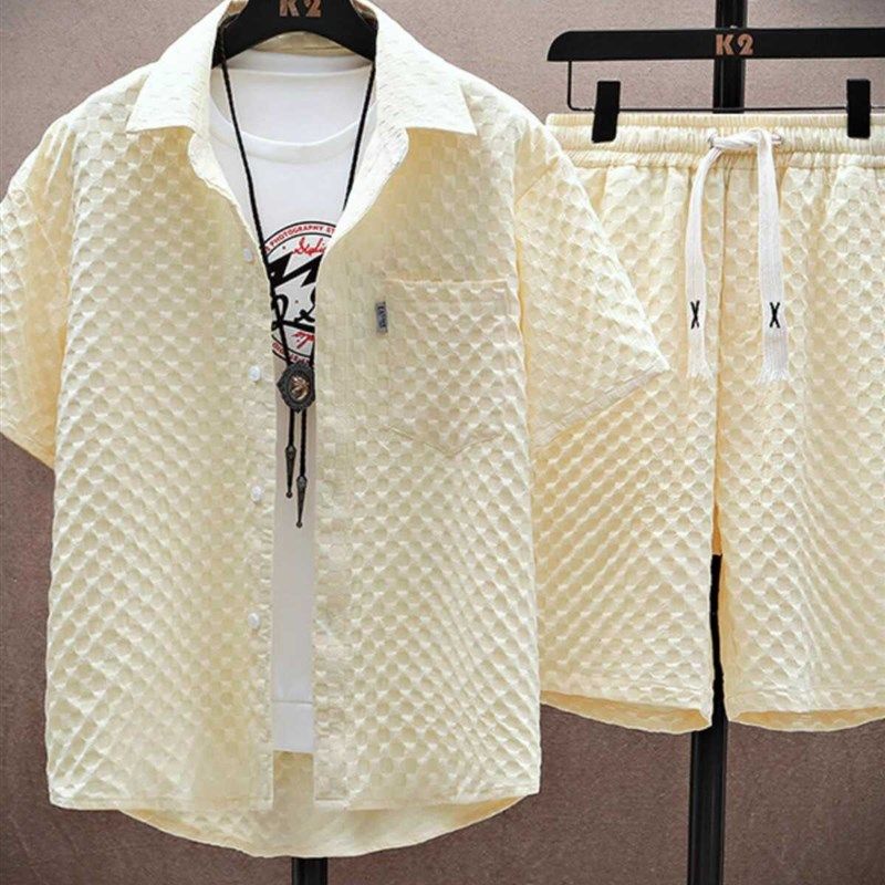 中国风夏季短裤套装新款男士时尚情侣宽松百搭翻领休闲衬衣两件套,男装,时尚套装,淘宝优惠券,粉丝福利购,淘宝优惠卷
