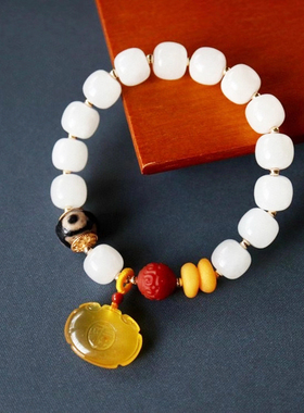 天然和田白玉手錬配老蜜朱砂双眼天珠配珠手串气质优雅女款手饰