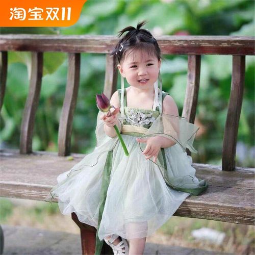 凉快女童汉服夏季2024新款女孩连衣裙儿童国风改良新中式裙子绿色