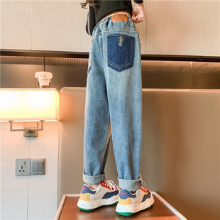 外穿儿童裤 女童牛仔裤 秋装 大童洋派宽松休闲老爹裤 子 春秋2023新款