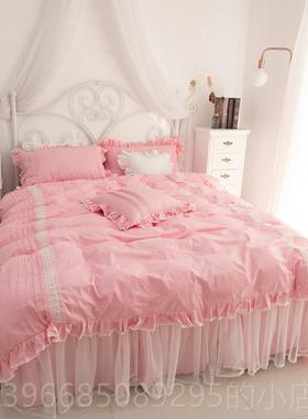 高档in风s网丝红床单四件套纯全棉棉白色被套蕾床裙公主春夏床上