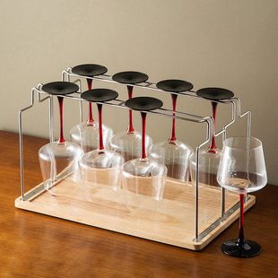 脚杯架倒挂不锈钢悬挂红酒杯架实木底盘 家用洒店展示红酒杯架