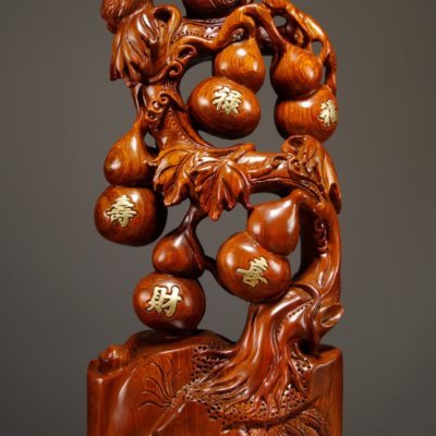 花梨木雕福禄寿喜财葫芦摆件五福临门红木工艺品家居客厅装饰摆设