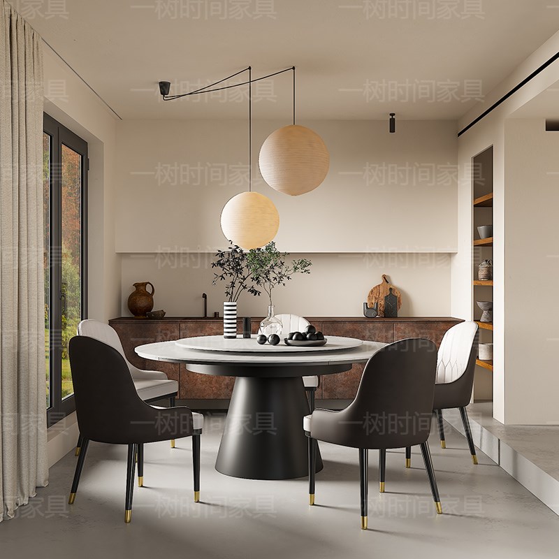 侘寂风岩板伸缩可变直径s旋转圆餐桌小户型家用全实木带转盘可定