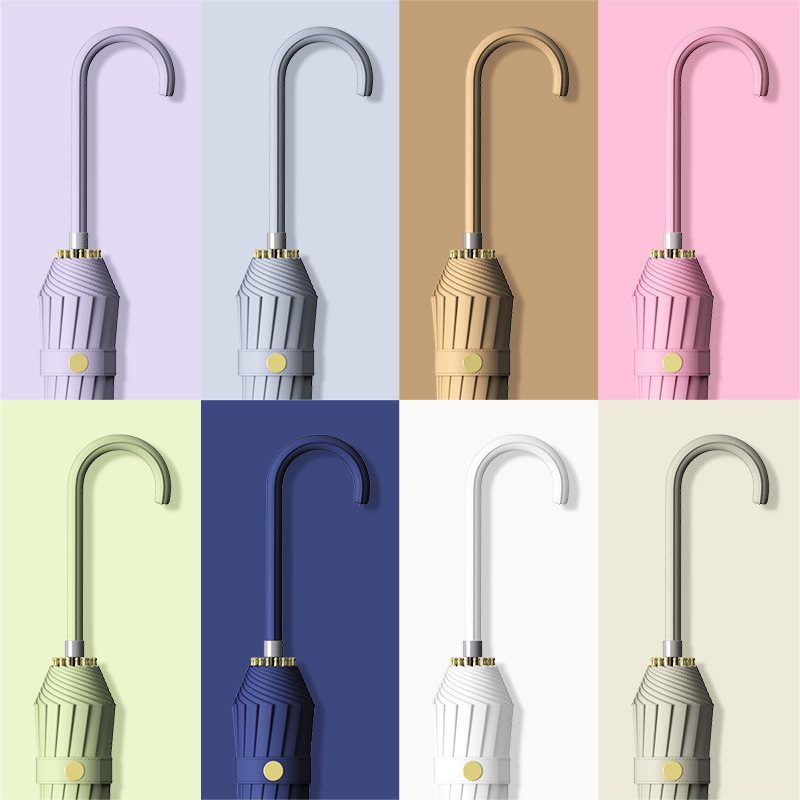 16骨弯钩日系简约雨伞女半自动加大加固长柄伞P男暴雨专用直柄直