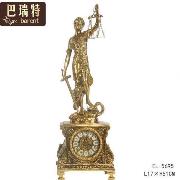 欧洲进口全铜手工制作台钟正义之神人物雕像青铜全铜金色座钟台钟