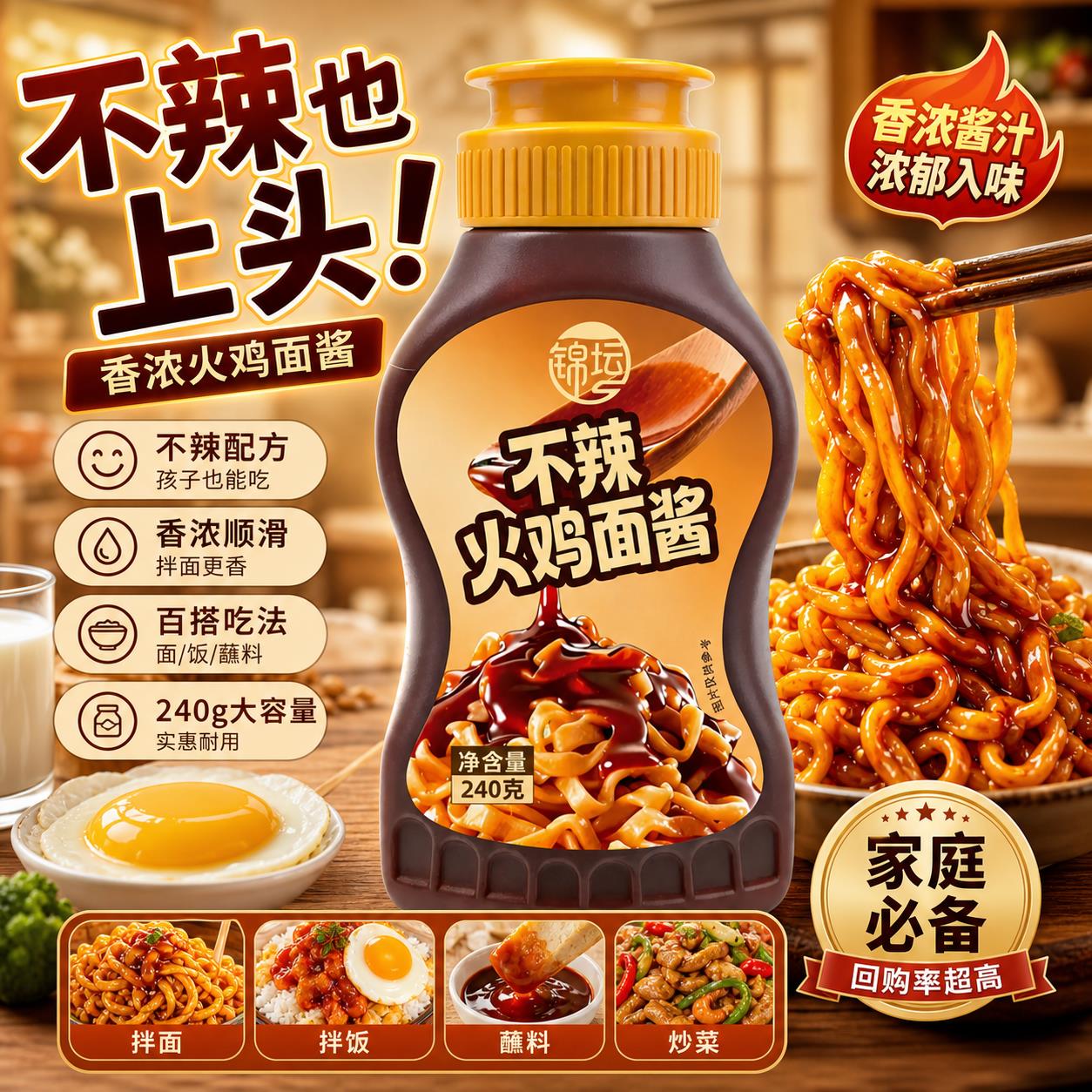 不辣火鸡面酱韩式风味酱拌面专用酱拌面石锅拌饭调料儿童专用酱料