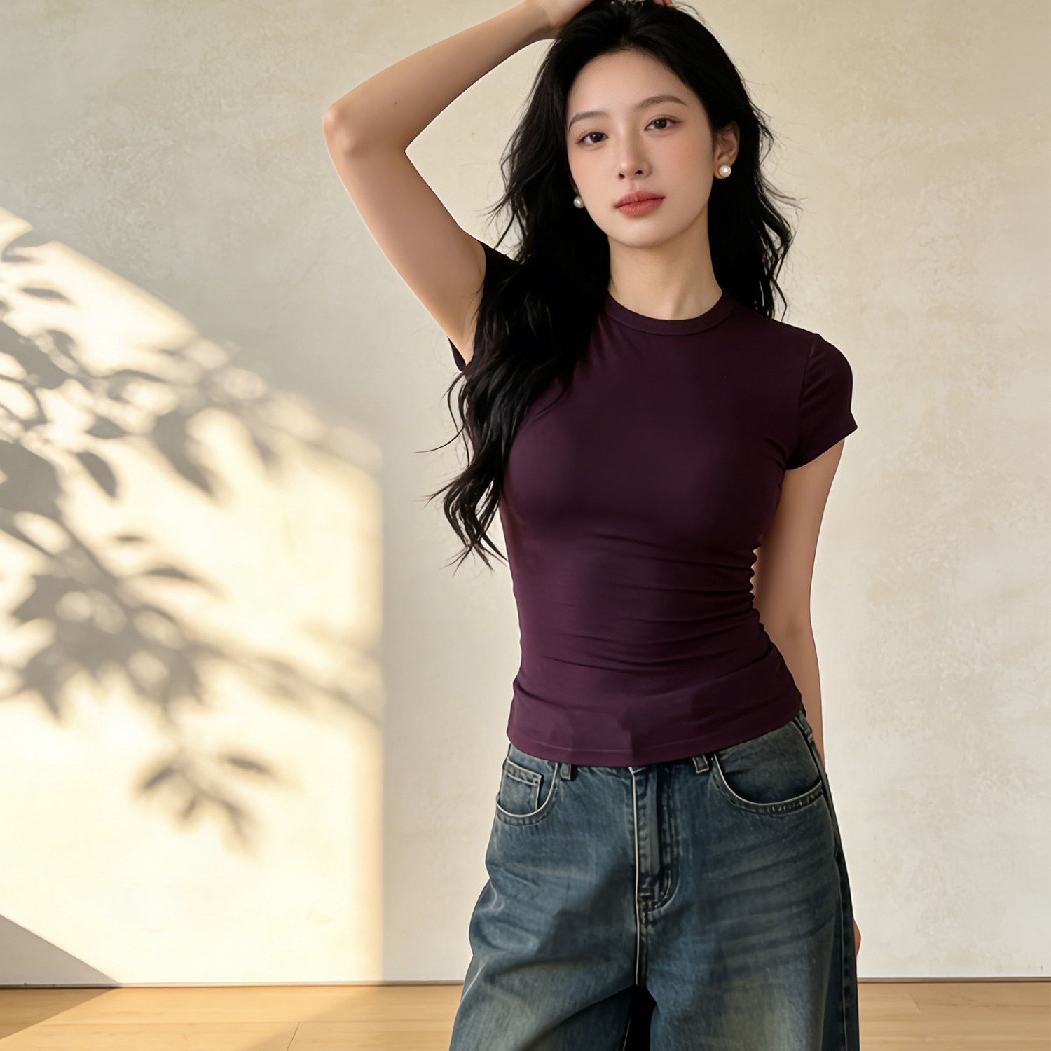 莫代尔紫色短袖T恤女夏季