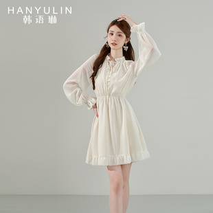 韩语琳长袖连衣裙女夏季2025新款高级感气质显瘦春装法式短款裙子