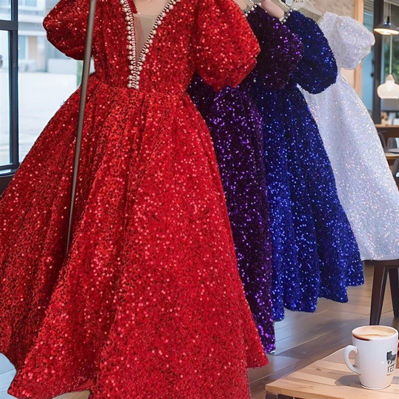 儿童晚礼服生日小主持人钢琴演奏演出服亮片高级感女童蓬蓬公主裙图片