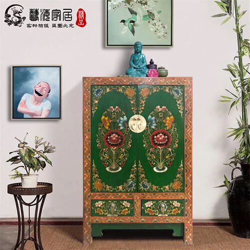 现代新中式实木彩绘两门衣柜手绘复古做旧西藏高柜储物玄关卧室柜