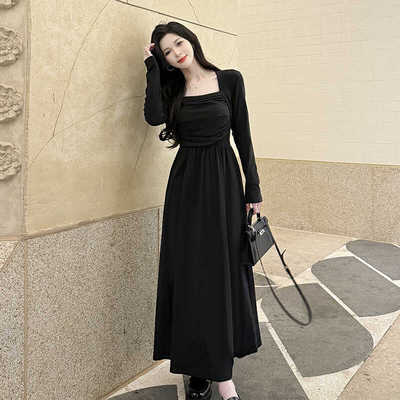 法式方领垂坠感黑色莫代棉连衣裙女2025春季气质收腰显瘦a字长裙