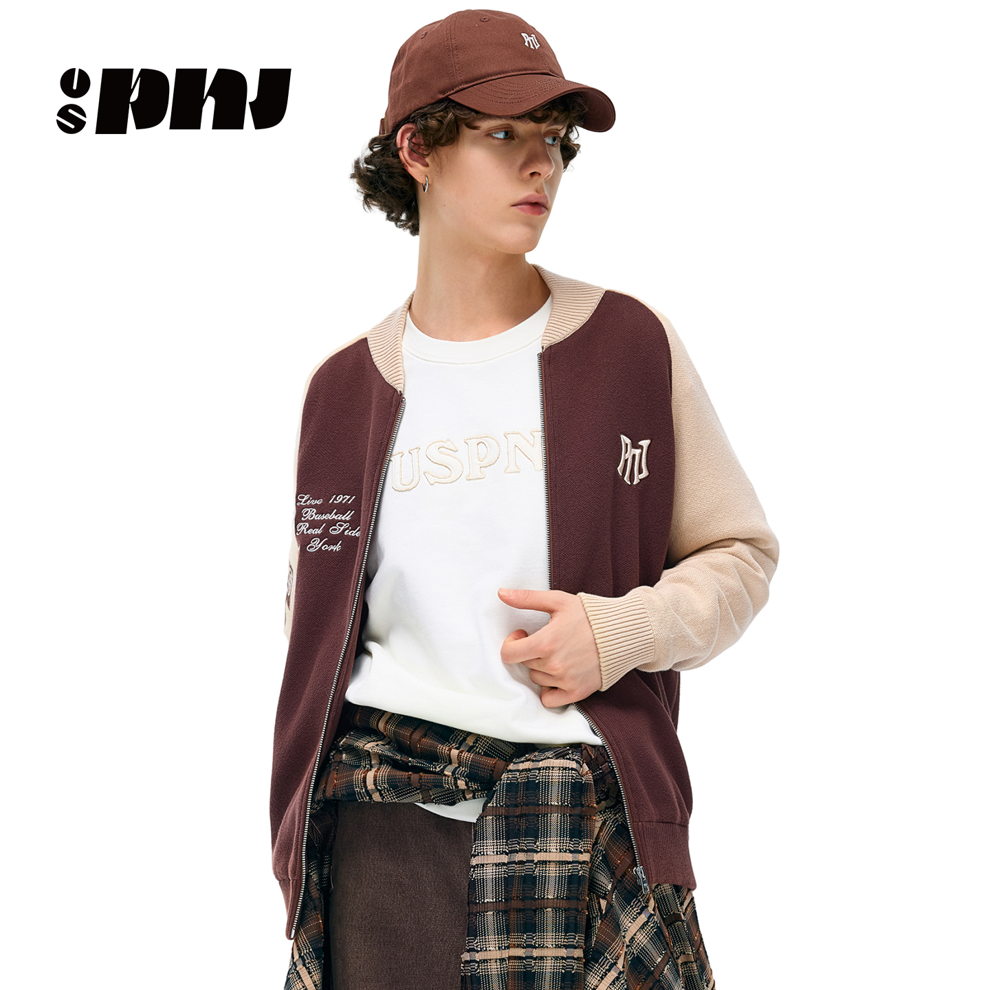 美式复古风棒球领拉链针织衫