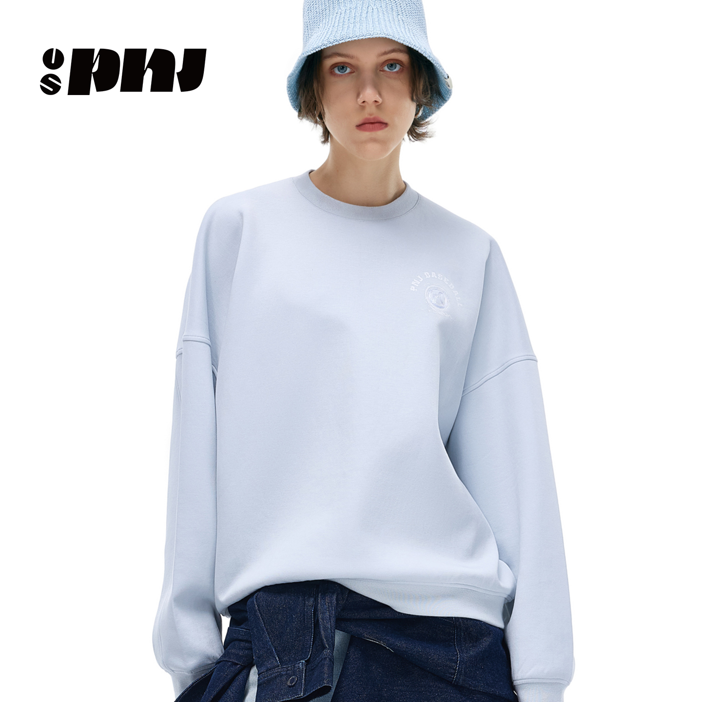 USPNJ简约休闲风圆领卫衣男女同款宽松百搭长袖上衣2025新款