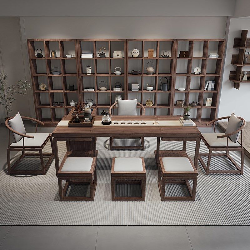 新中式黑胡桃茶桌椅组合实木禅意办公室功夫茶台简约现代茶室茶几