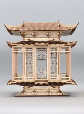 新中式禅意古建筑木雕凉亭工艺软装饰品样板房书柜玄关售楼处摆件