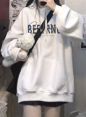 女童秋冬卫衣新款连帽加绒加厚12岁13白搭宽松15中长版学生上衣潮