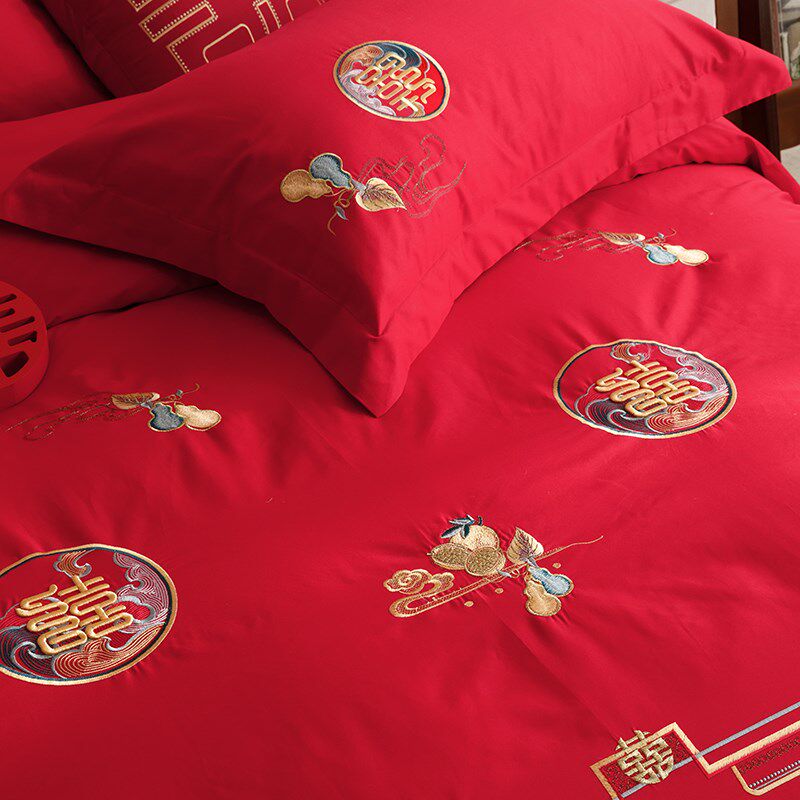 速发新中式红色婚庆100支长绒棉四件套古典刺绣被套全棉结婚床上