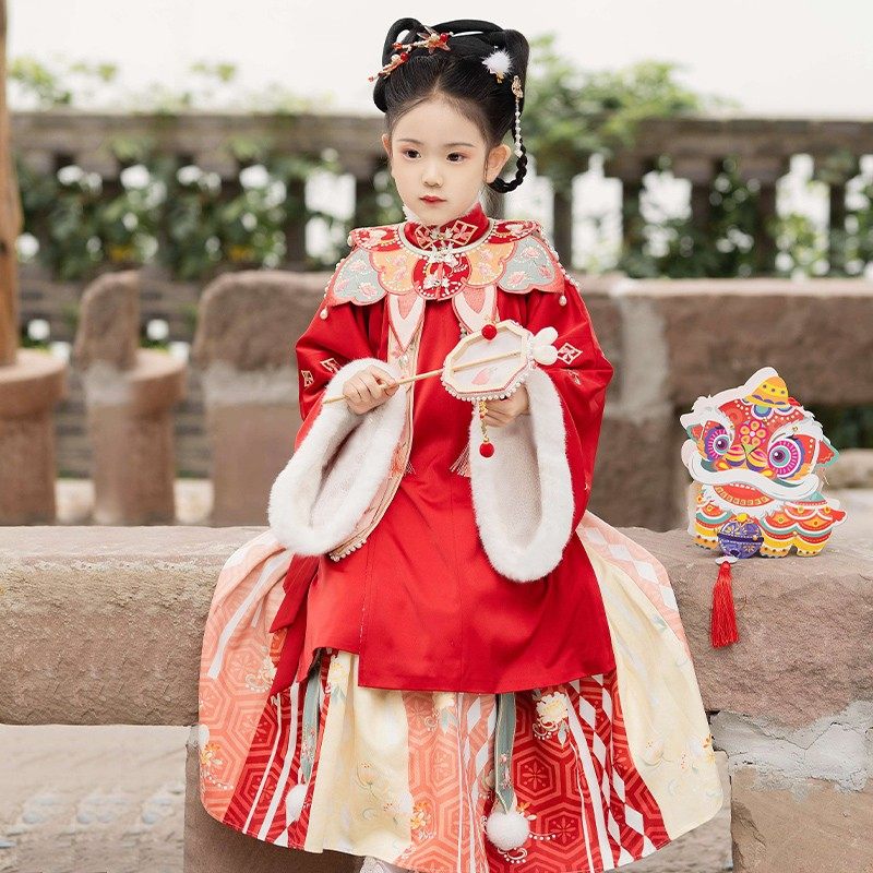 儿童汉服女童宝宝高端明制云肩过年拜年服冬季加绒加厚中国风秋冬
