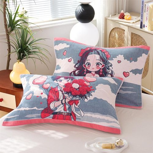 八层纯棉纱布枕巾一对四季通用柔软卡通家用加厚全棉情侣枕头盖巾