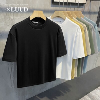 LUUD 夏日新款280G重磅冰瓷棉休闲T恤男生纯色微阔凉爽小高领上衣