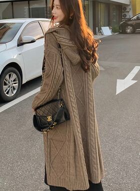 连帽大衣羊绒羊毛衫毛衣外套开衫女长款过膝加厚秋冬针织宽松粗线
