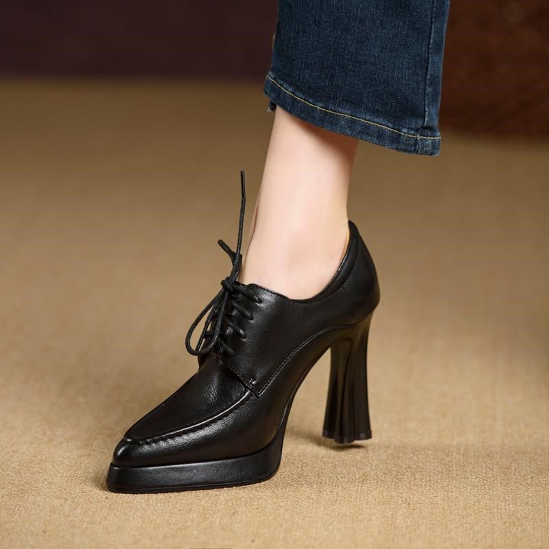 真皮尖头高跟鞋女10cm粗跟系带深口单鞋防水台小个子增高女鞋黑色,女鞋,深口单鞋,淘宝优惠券,粉丝福利购,淘宝优惠卷