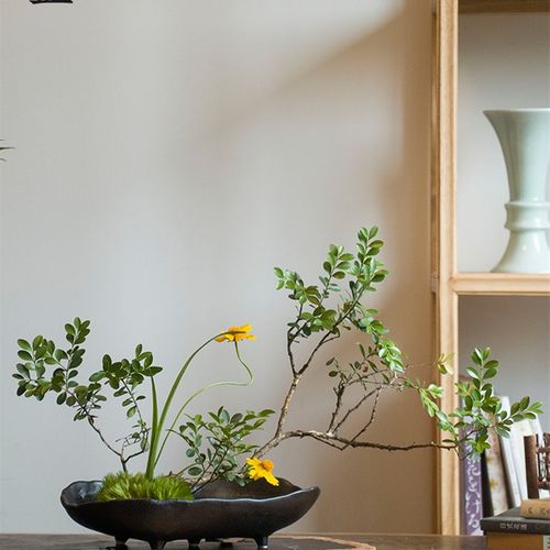 剑山插花器长方形插花器皿船型陶瓷花盘黑色盘日式小中式禅意一皿