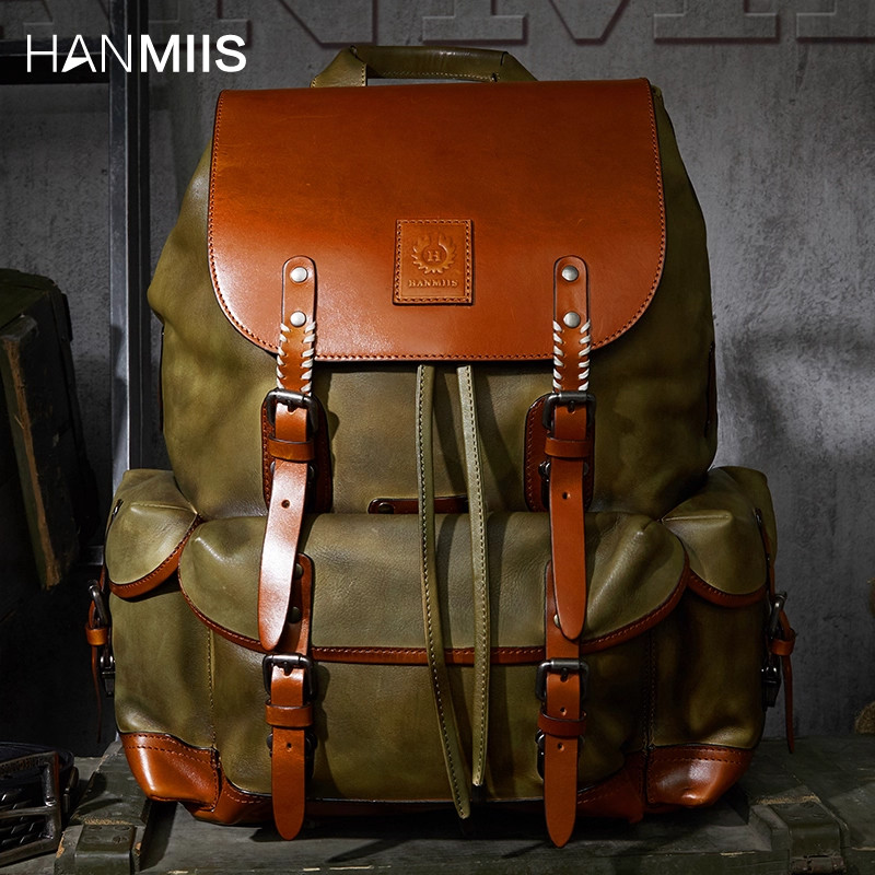 HANMIIS经典胡椒盐头层牛皮大容量双肩包旅行袋包全真皮男士背包