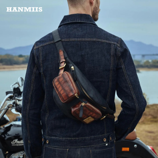 HANMIIS头层牛皮复古真皮单肩斜挎包B6鳄鱼纹胸包骑行男包休闲包