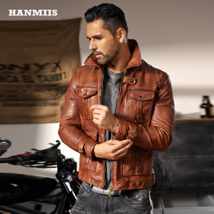 HANMIIS敢死队杰森斯坦森复古皮衣头层牛皮水洗真皮机车夹克外套