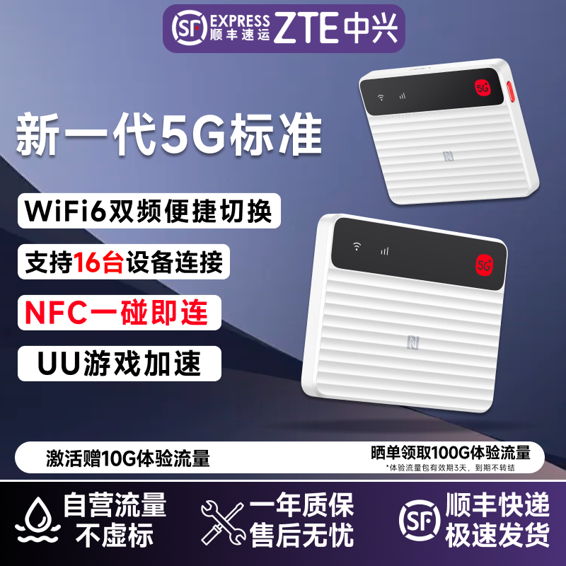 ZTE/中兴随身wifi新款F50pro移动路由器随身wifi高速5G宿舍户外打游戏追剧必备不限速不卡顿自由插卡d