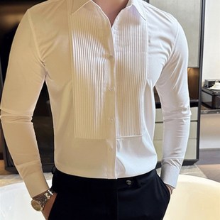 高级感塔士多白衬衫男士商务正装婚礼主持人宴会礼服风琴褶皱衬衣