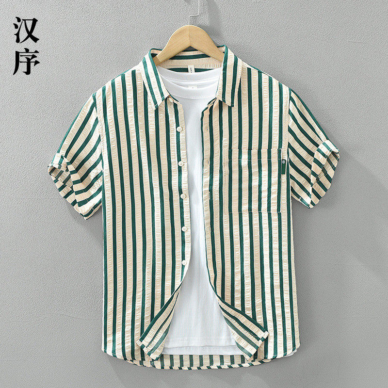 夏季日系复古薄款清新竖条纹短袖衬衫男时尚透气休闲宽松衬衣半袖,男装,汉服,淘宝优惠券,粉丝福利购,淘宝优惠卷